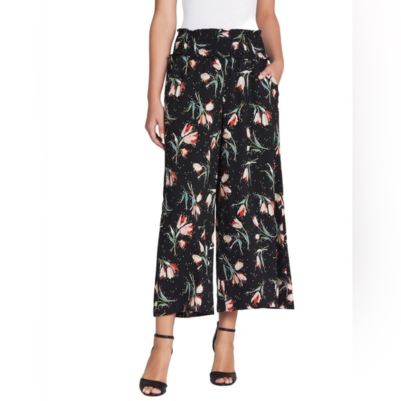 Rebecca Taylor Ikat Tulip Black Floral Silk Wide Leg Bohemian Pant Stretch Waist